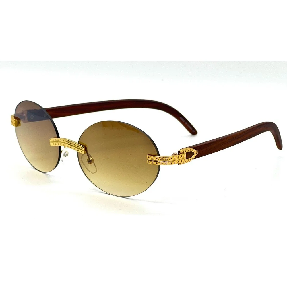 Rimless Sunglasses Men Round Gold Accents Brown Lens Wood Grain Arms Fashion New